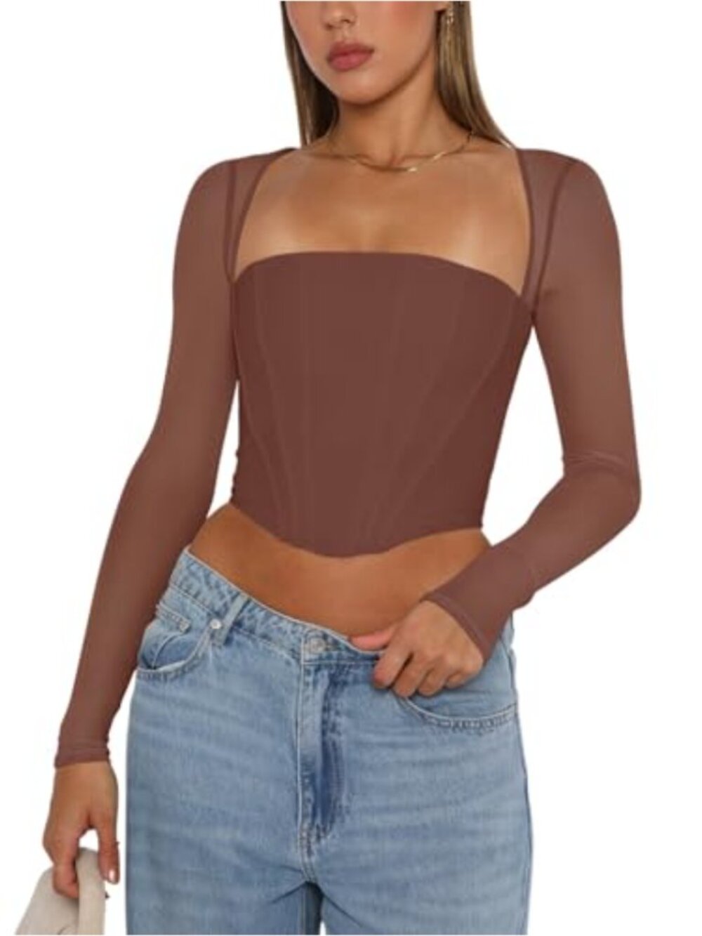 Women's Long Sleeve Mesh Boned Corset Top Y2K Square Neck Going Out Bustier Crop